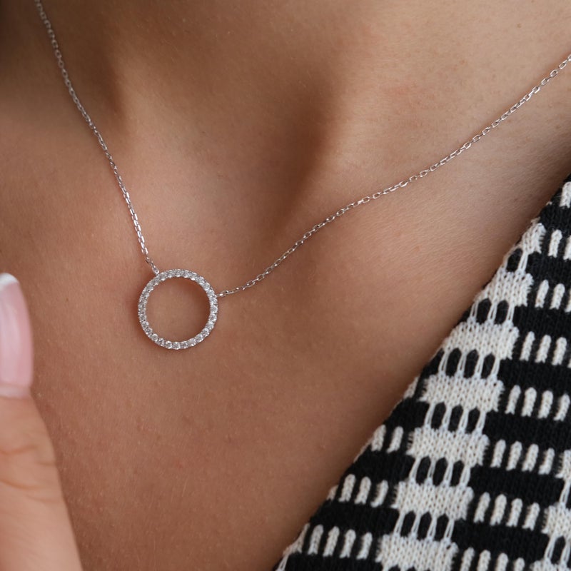 espere Rhodium Plated Paved Circle Pendant Sterling Silver Necklace for Women - Image 2